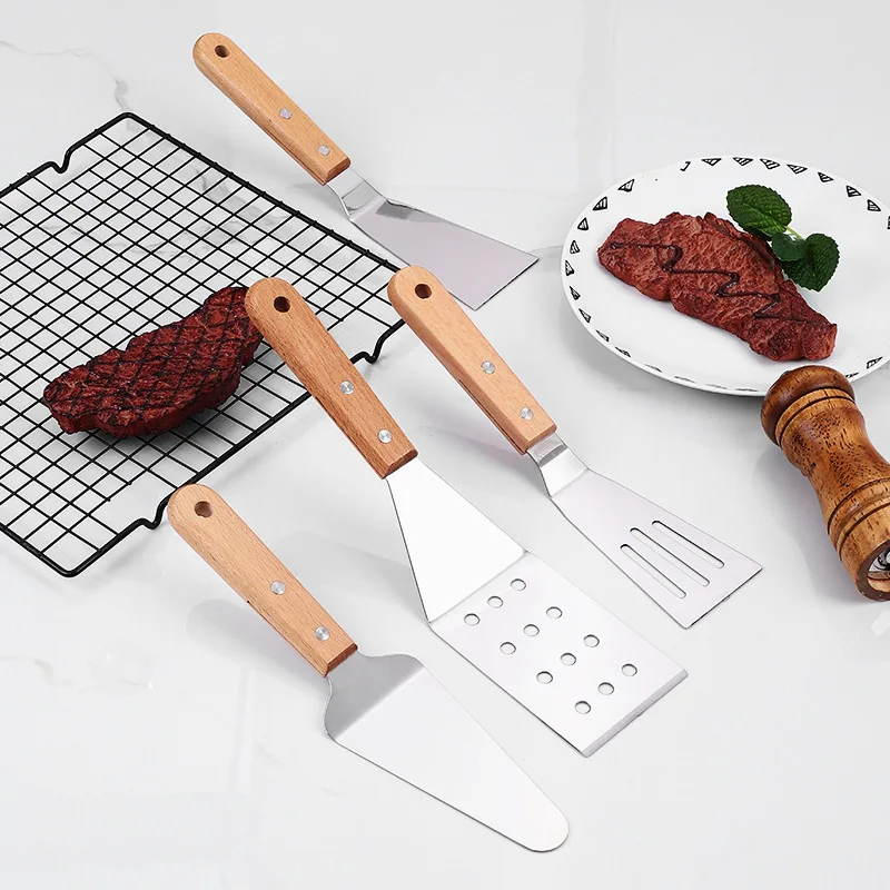 Stainless steel kitchenware beech wood handle frying fish spatula multi-purpose cooking tool baking spatula barbecue cooking