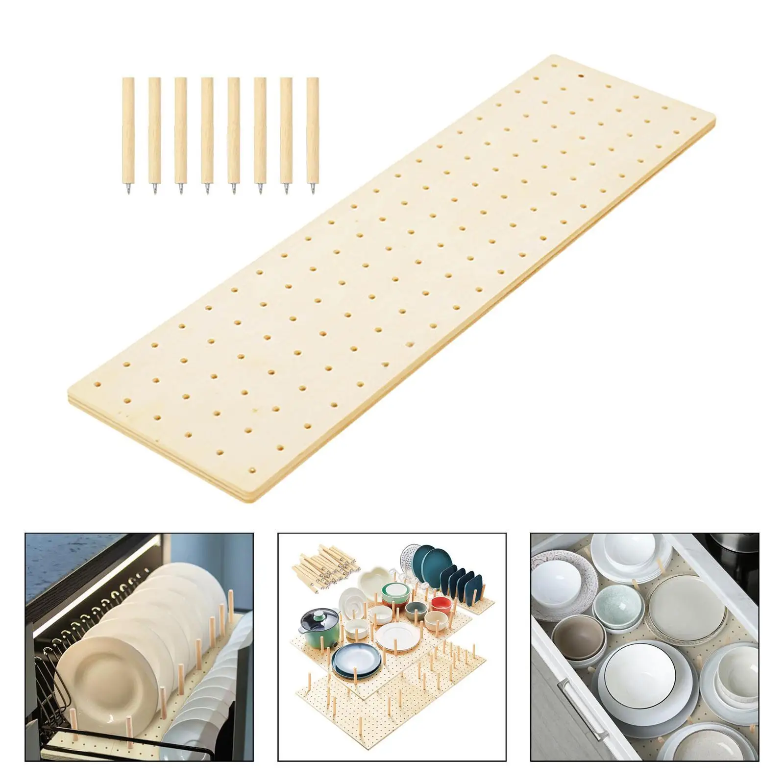 Wood Pegboard Drawer Organizer Plate Holder Sturdy Organization Kitchen Drawer Plate Organizer for Bowls Pot Dishes Tableware