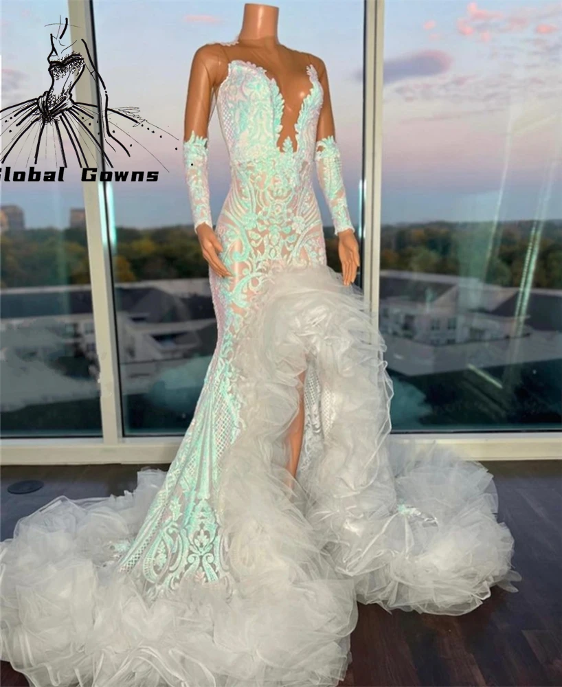 

O Neck Evening Dress For Black Girls Sequined Birthday Party Dresses Luxury Ruffles High Slit Prom Gowns Mermaid Robe De Bal