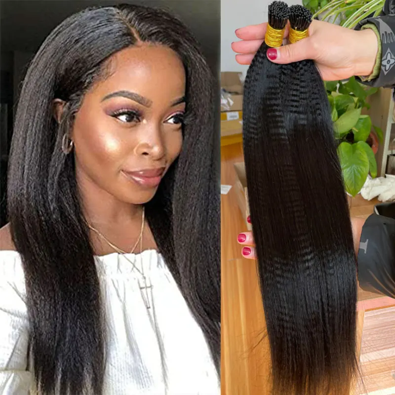 Yaki Straight I Tip Microlinks 100% Human Virgin Hair Weave Bundles Brazilian I Tip Hair Extensions Human Kinky Straight
