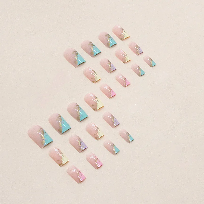 24Pcs/Set False Nail French gold leaf rainbow heart Fake Nail Tips Full Cover Acrylic False Nails  Decoration For Nail Tip