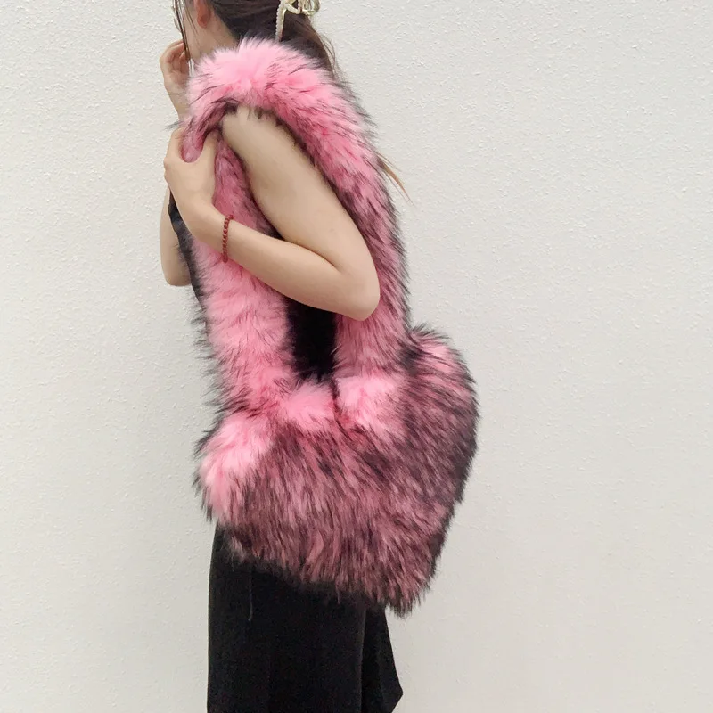 NEW Big Faux Fur Heart Shape Plush Tote Bags For Ladies Handbags For Women Winter With Long Shoulder Furry Straps Bag
