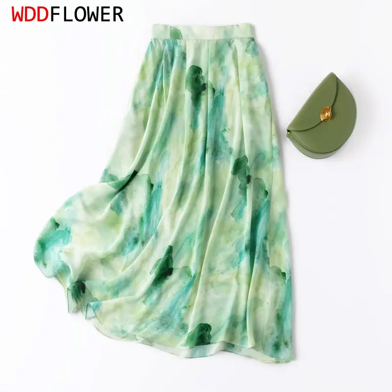 women-silk-skirt-100-mulberry-crepe-silk-green-ink-printed-mid-calf-skirt-summer-beach-big-hem-m-l-mm919