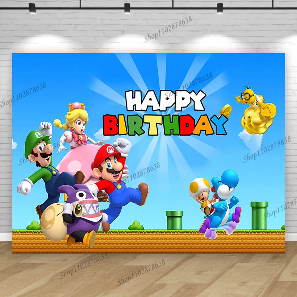 thumbnail image 1 of Fondo personalizado con nombre y edad, tema de Super Mario Bros, fondo para fiesta de cumpleaños de niños y niños, pancarta para baby shower, accesorios de decoración, 1 of 5