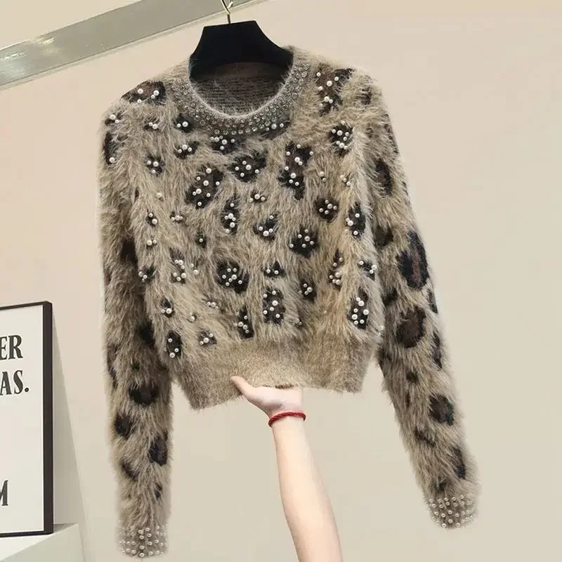 

Leopard Pearls Vintage Mink Cashmere Soft Knitted Women's Sweater Round-Neck Korean Fashion Pullover Jumpers Winter G276