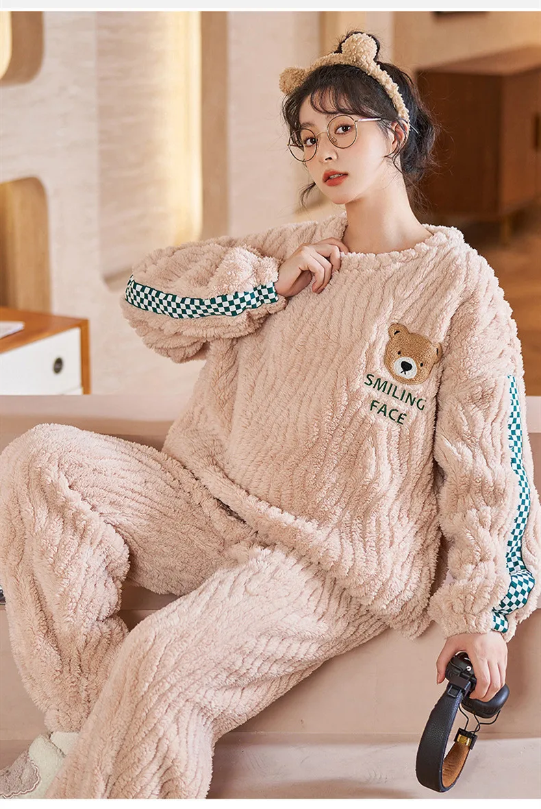 Yasuk Winter Fashion Women Men Casual Warm Soft Sleepwear Pajamas With Pant Velvet Fleecel Pink Bear Plaid Couple Unisex Thick