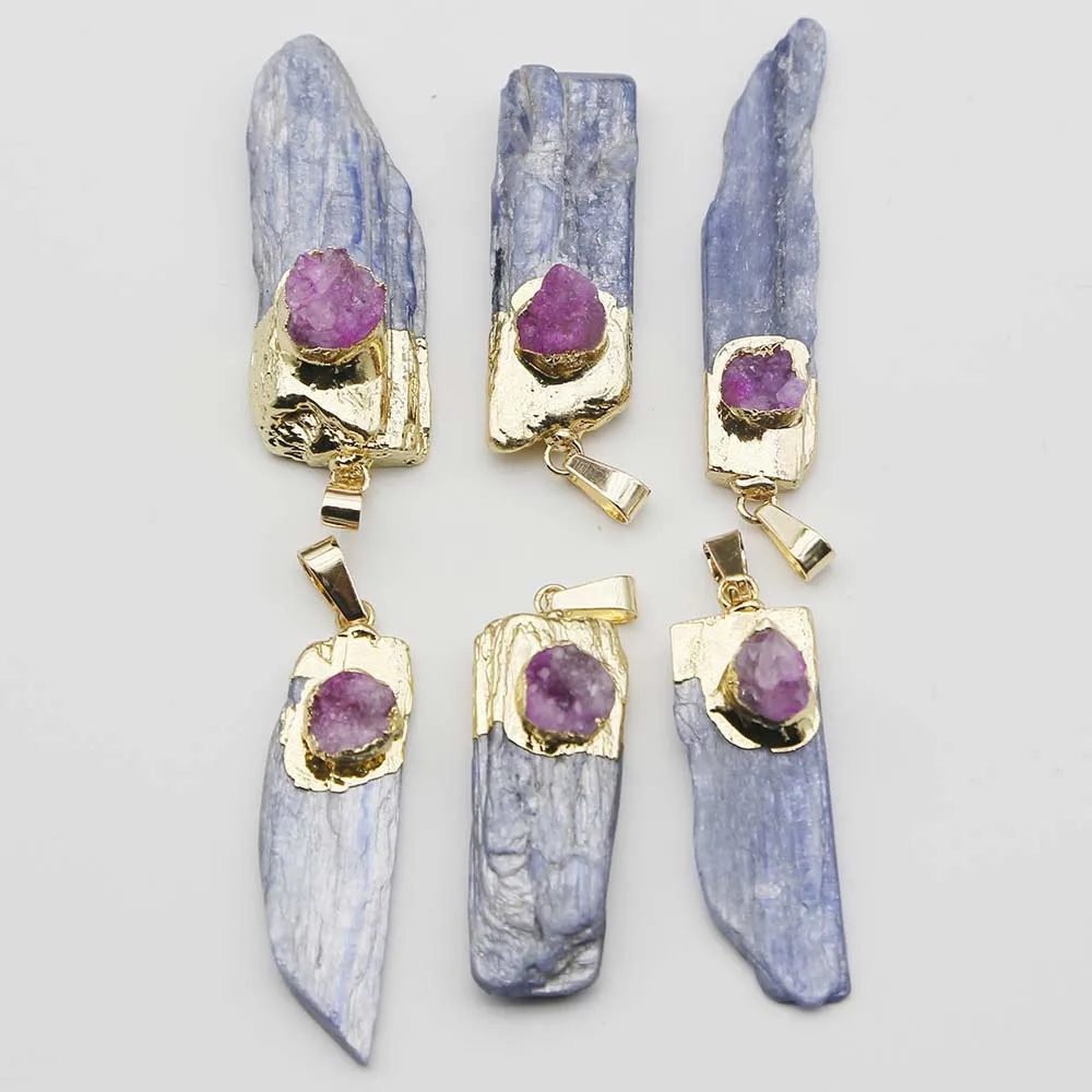 Natural Raw Stone Blue Crystal Strip Pendant Rose Quartz Agate Necklace Mineral Healing Charm Jewelry Accessories Wholesale 8Pcs