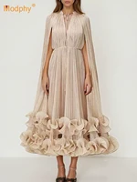 Modphy Solid Elegant Spliced Ruffles Dresses For Women V Neck Cloak Sleeve Lace Up High Waist Long Dress Female Clothing Fashion