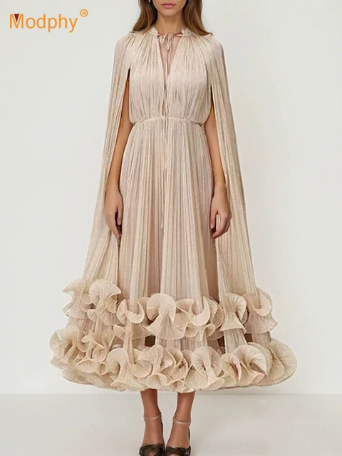 Modphy Solid Elegant Spliced Ruffles Dresses For Women V Neck Cloak Sleeve Lace Up High Waist Long Dress Female Clothing Fashion