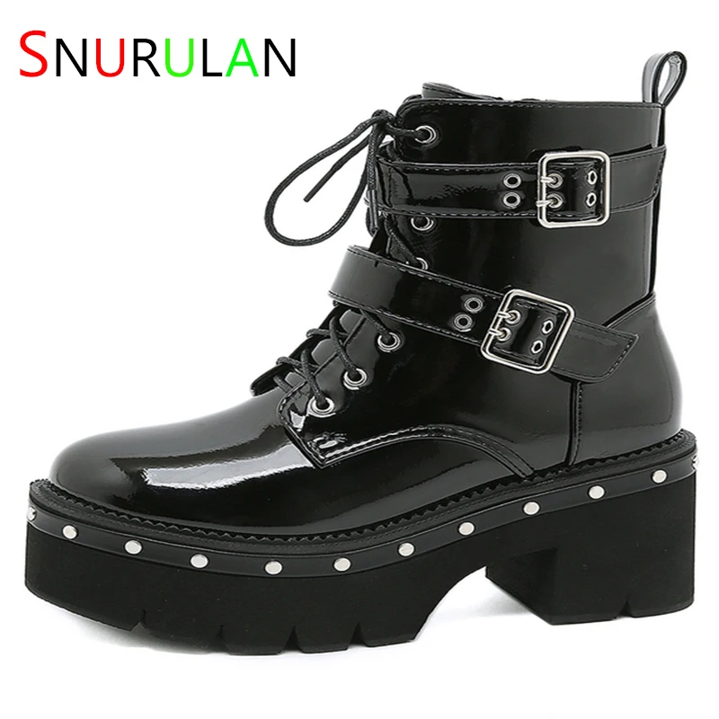 

2023 Women Ankle Boots Round Head Black High Heels Platform Goth Punk Martin Studded Combat New Rock Shoes Elegant On