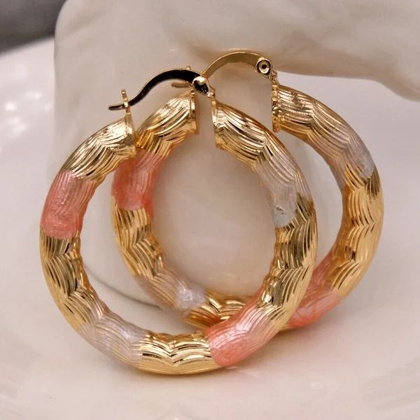 Gold color - Crude Tube Swirl Multilayer Circle 3-Color Plated Earrings - Image 5