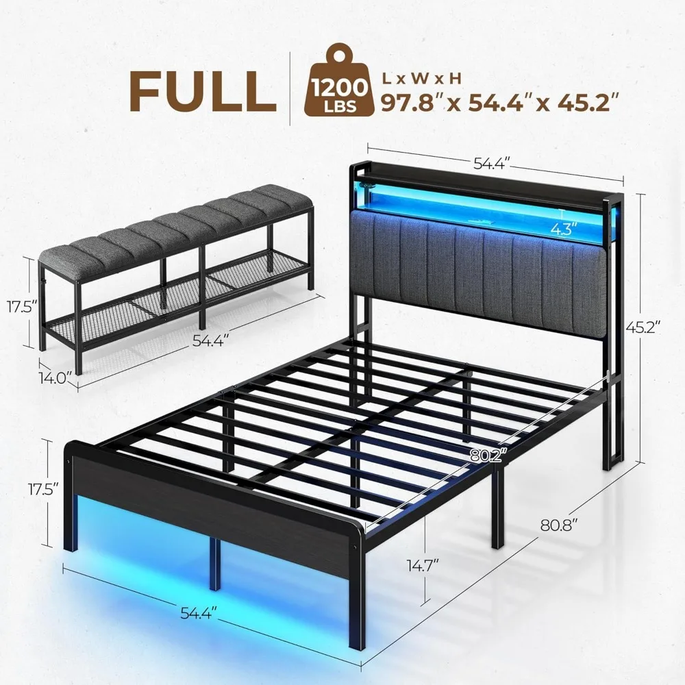 Full Bed Frame, with Charging Station & LED Lights, Upholstered Headboard with Storage Shelves, No Box Spring Needed, Bed Frame 6