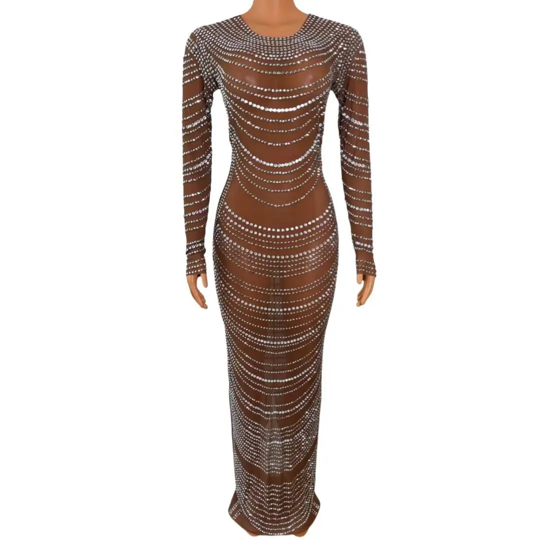 

Sparkly Rhinestones Maxi Dress for Women Sexy Mesh Wedding Evening Prom Party Birthday Dress Photo Shoot Wear Lianliankan