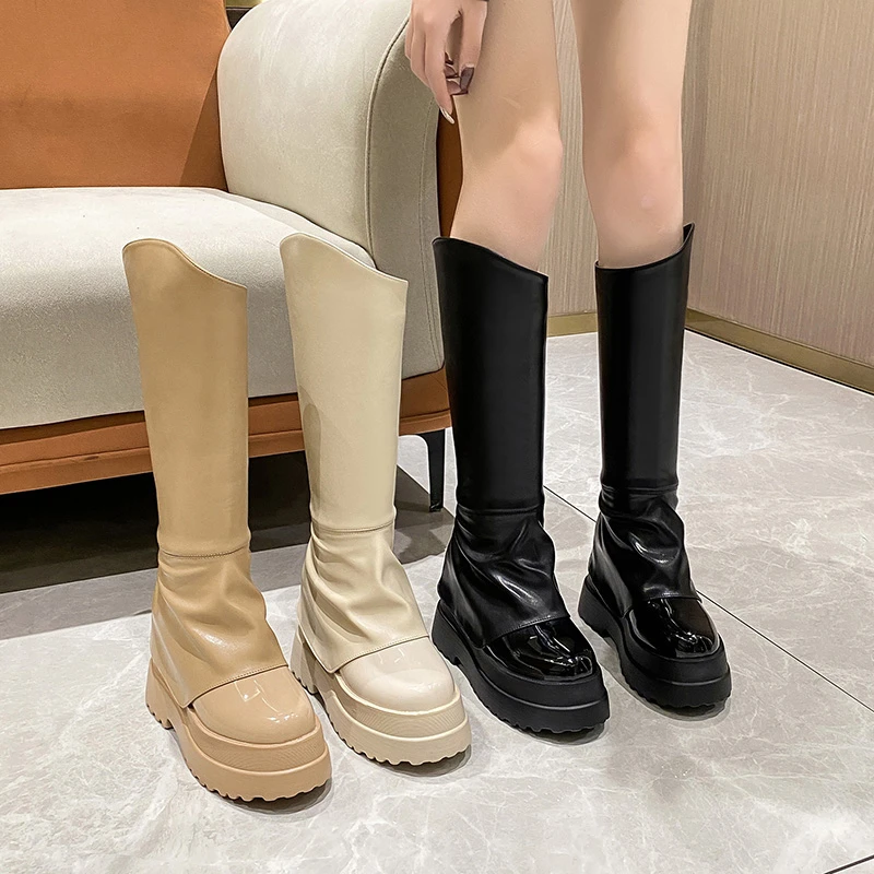 Women Knee High Boots Soft Leather Platform Winter Motorcycle Shoes Woman High Heels Long Boots Ins Hot Chunky Boots Botas Mujer