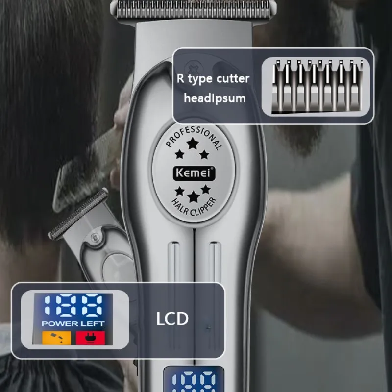 Kemei Professional Hair Trimmer Cordless Rechargeable Edgers Clipper Electric Hair Cutting Kit LCD Display Beard Shaver for Men