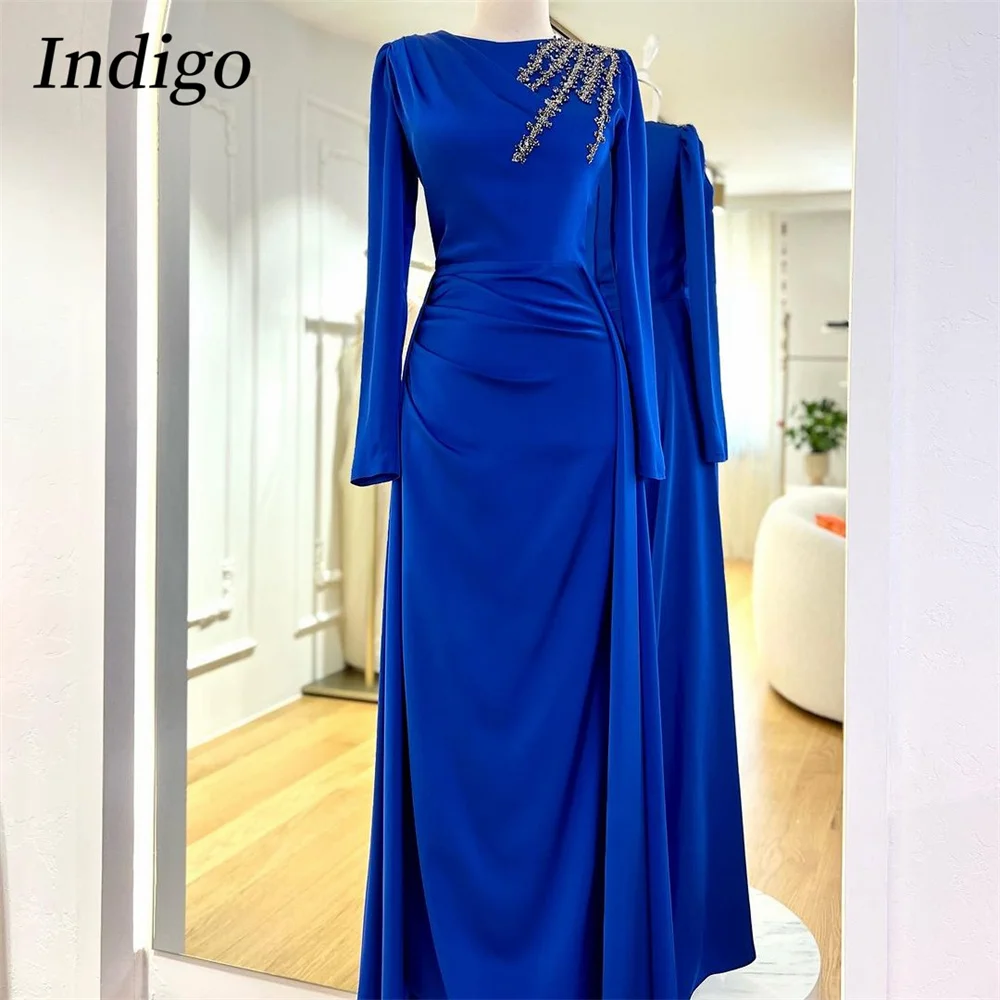 

Indigo Saudi Arabia Long Sleeves O Neck Evening Dresses For Women Sheath Ruched Full Back Muslim Beading Formal Occasion Gown