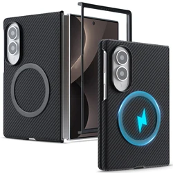 Sleek Magnetic Carbon Fiber Textured Shockproof Case with Built - in Front Frame - Galaxy Z Flip5 (Black)