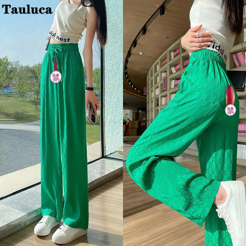 

Outdoor Women's Double Invisible Zippers Wide Leg Pants Open Crotch Drawstring Printed Ice Silk Straight High Waist Trousers 3XL
