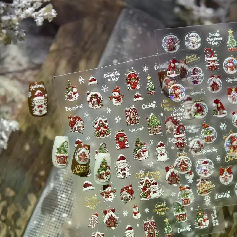 Christmas 3D Embossed Nail Stickers - Dreamy Snowflake Snowman Christmas Tree Decals, Winter Manicure Adhesive Accessories