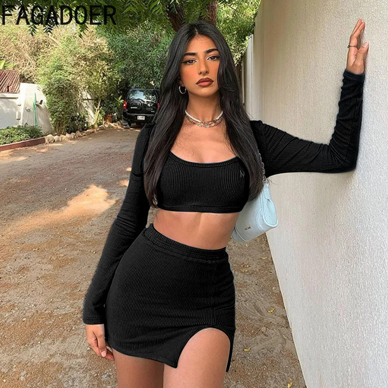 FAGADOER Fashion Y2K Street Style Women Ribber Long Sleeve Crop Top + Mini Slit Skirts Two Piece Sets Casual Solid 2pcs Outfits