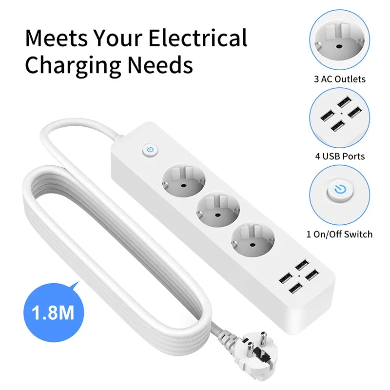 EU Plug Power Strip 1.8m Extension Cable Multiprise 3AC Outlets Electrical Socket with 4 USB Network Filter Fast Charging