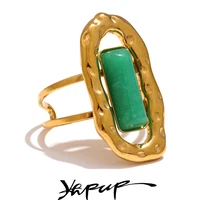 Yhpup Natural Stone Green Agate Cuff Open Adjustable Ring 18K PVD Plated Stainless Steel Golden Fashion Finger Jewelry Gift