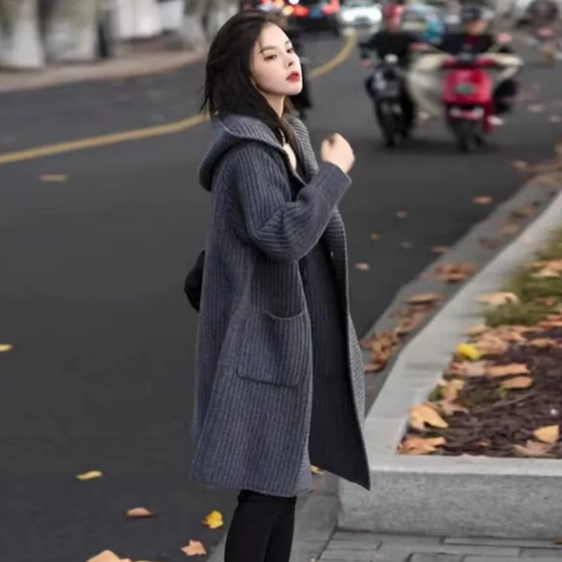 الخريف أنيقة بلون متوسطة طويلة سترة جديدة الكورية واحدة الصدر مقنعين سترة سترة عادية فضفاض المرأة تريكو