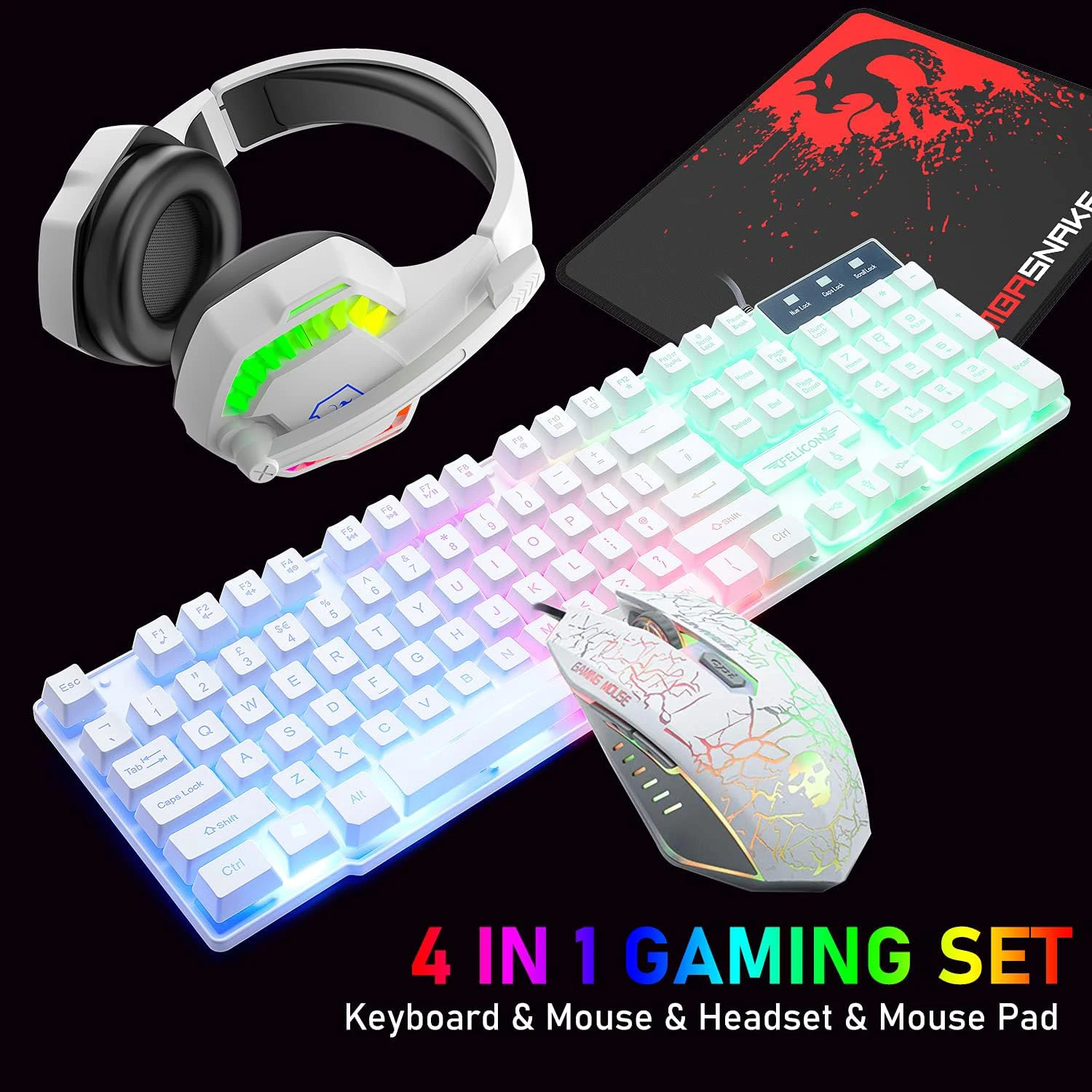 Wired Gaming Keyboard and Mouse Headset Combo,Rainbow LED Backlit Wired  Keyboard,Over Ear Headphone with Mic,Rainbow Backlit Gaming Mice,Mouse Pad,for  PC,Laptop,Mac,PS4,Xbox(Black) 