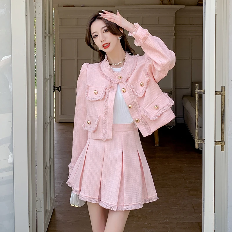 

Женский элегантный костюм с жакетом и юбкой, новый модный универсальный комплект из двух предметов с жакетом с бахромой и плиссированной юбкой с высокой талией, весна-осень 2024