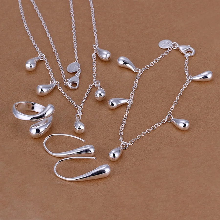 

wedding Women jewelry classic 925 silver drop Silver color necklace bracelets earrings ring fashion sets