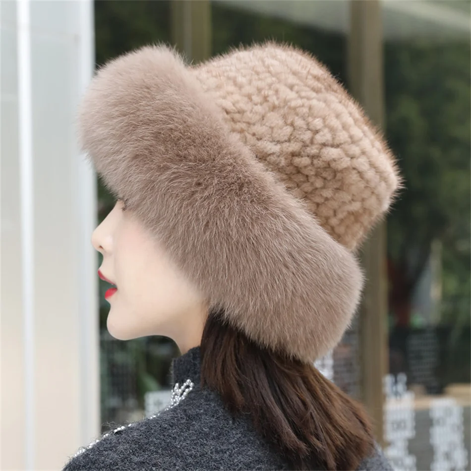 Winter Caps For Women Fur Hats Russian Mink Fur Knitted Beanie Hat Bucket Hat Women Luxury Real Fox Fur Mink Fur Hat Women Hats