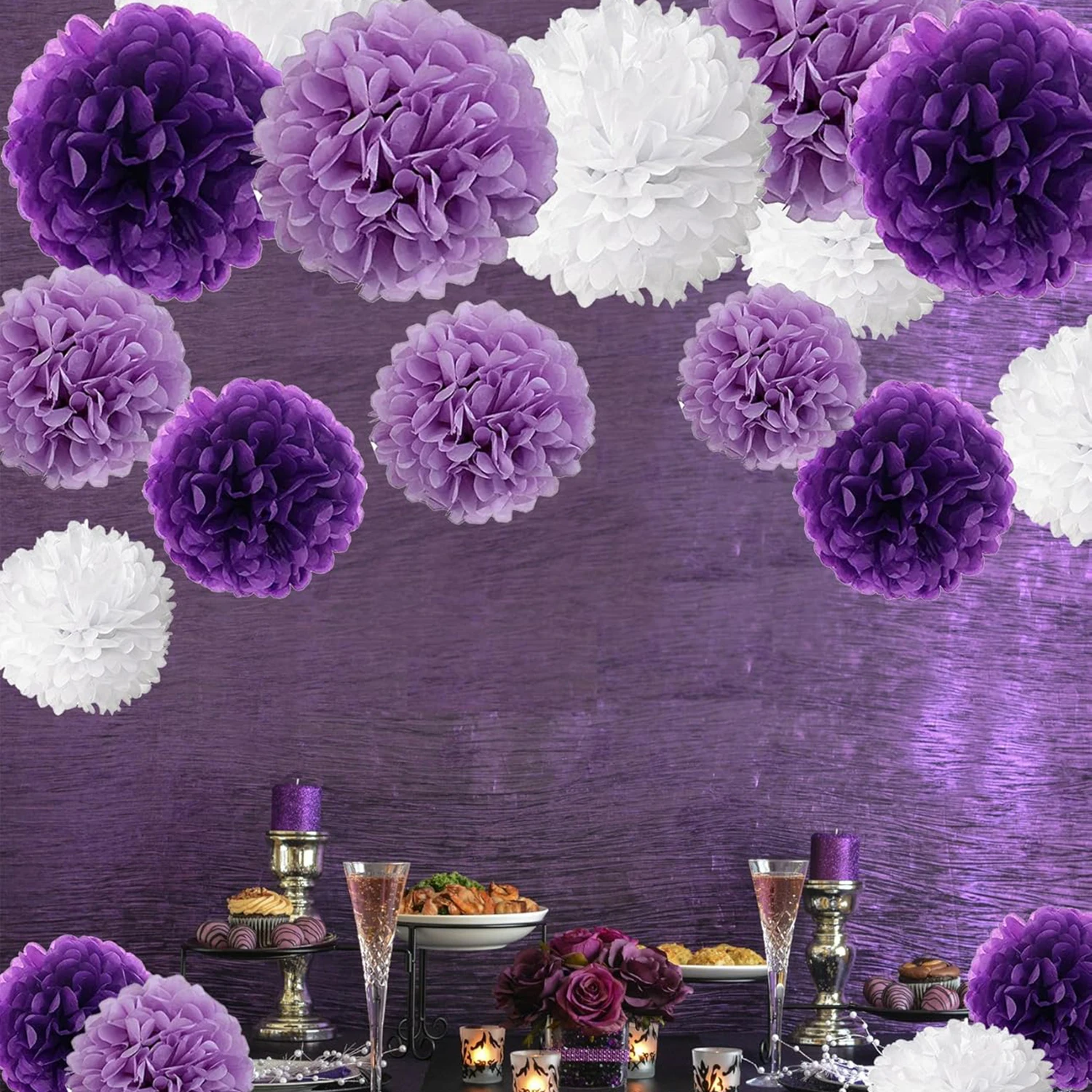 9pcs Paper Pom Poms Birthday Party Decorations Purple and White