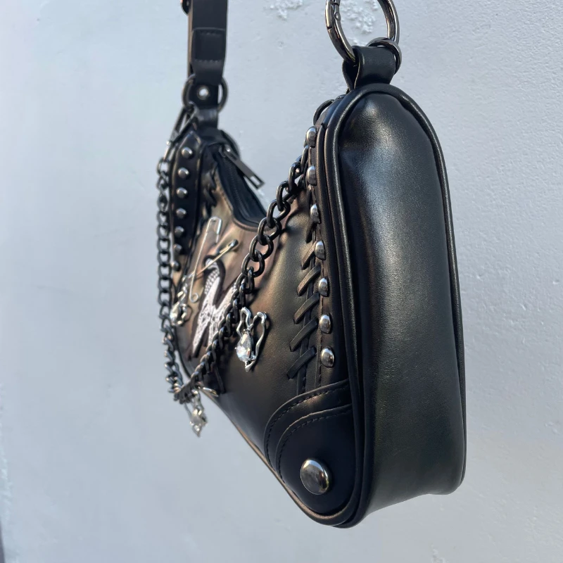 Xiuya Y2k Black Shoulder Bag Skull Butterfly Applique Rivets Heart Chain Handbag American Style Hip Hop Punk Cool Underarm Bag