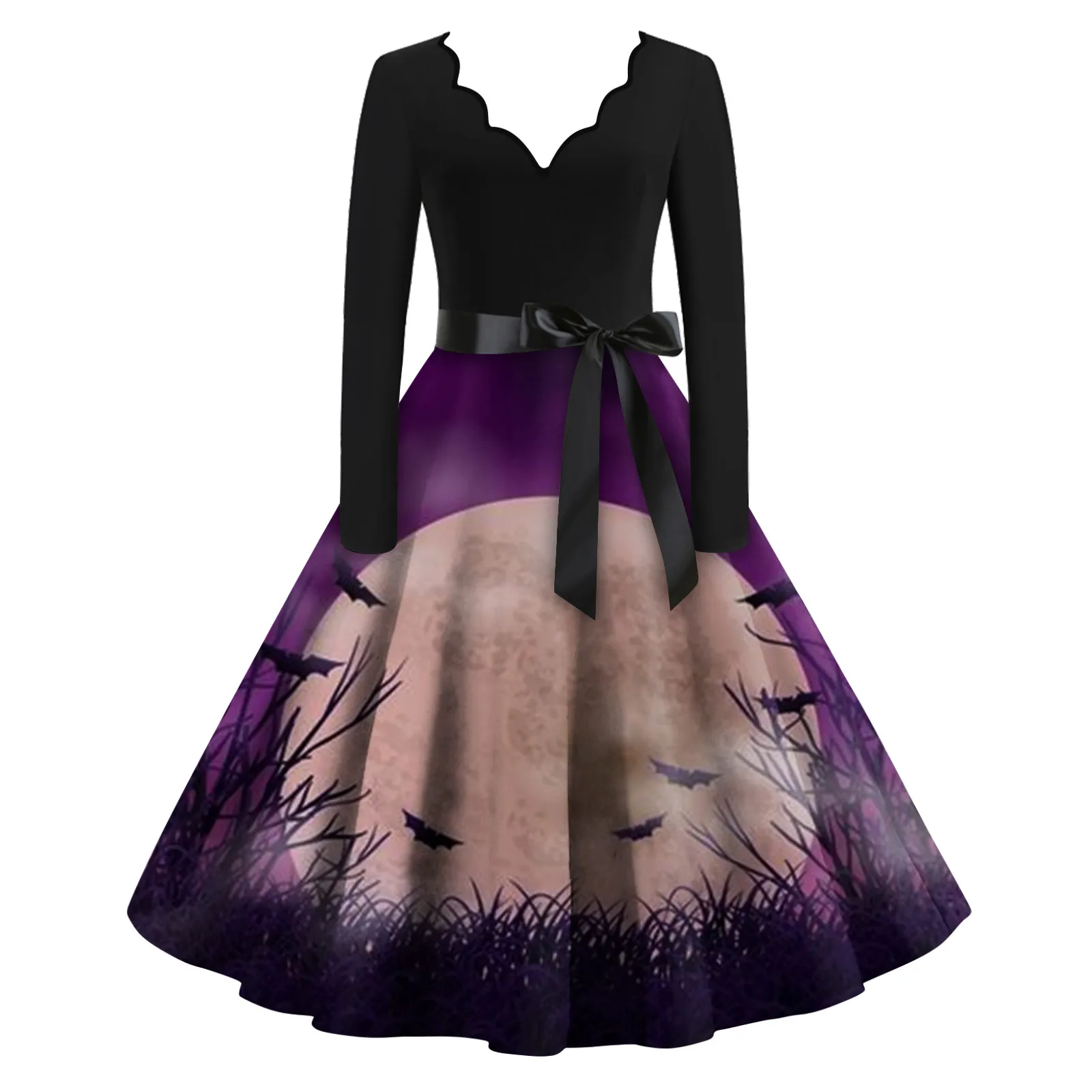 

Dresses For Women 2023 Vintage Tie Long Sleeves Evening Party Clothes Halloween Print V Neck Swing Vestidos Vestido Feminino