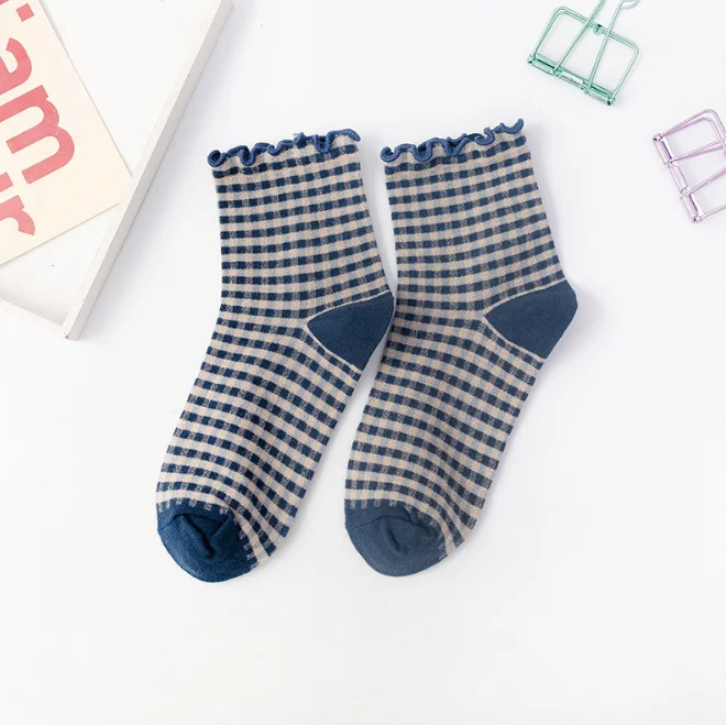 Frauen Socken Herbst Karierten Retro Vintage Baumwolle Socken Crew Bequeme Farbe Mode Socke Elastische Plaid Kurze Socken Frau Sox – Detail 15