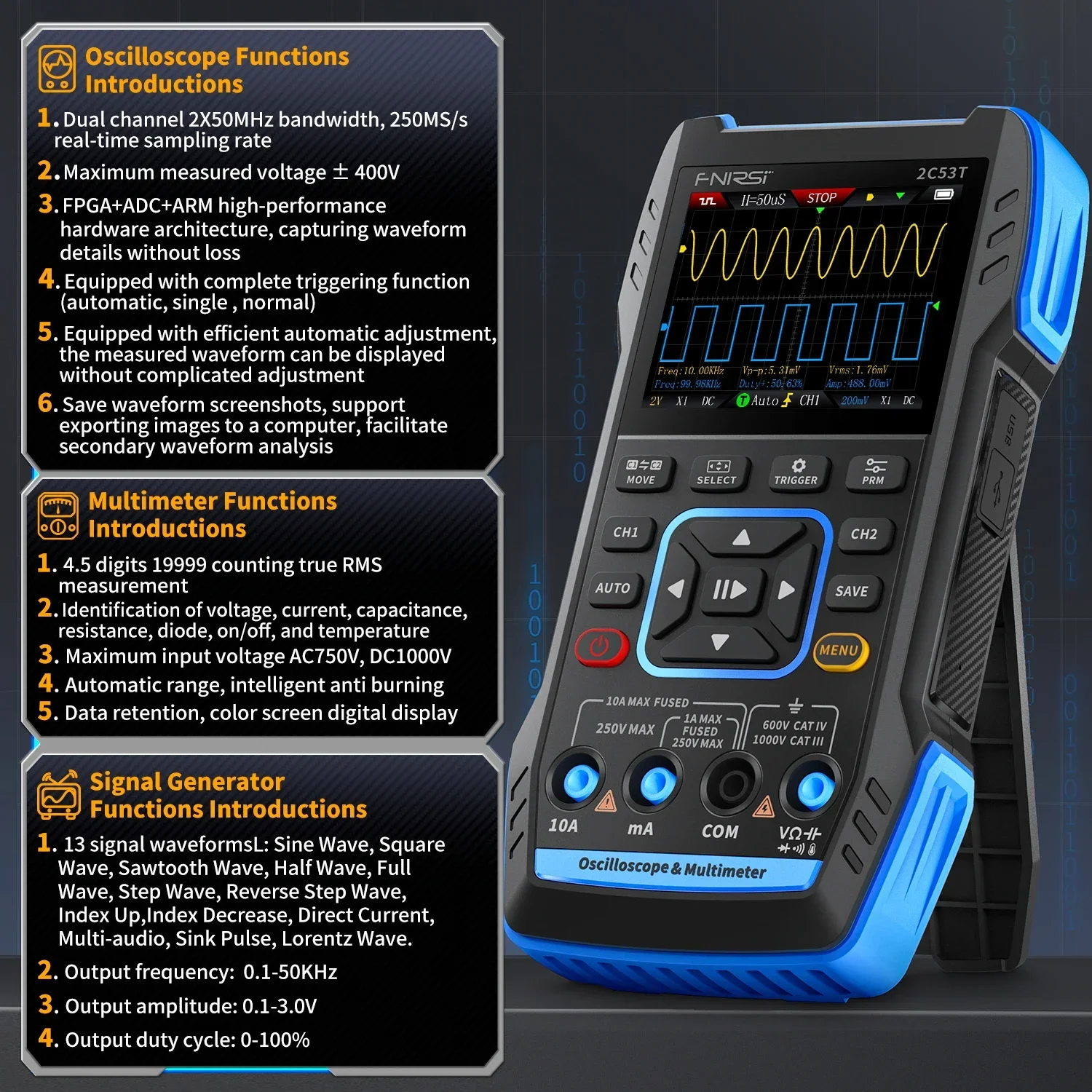 FNIRSI 2C53T Digital Oscilloscope Multimeter Signal Generator 3 IN 1 Dual Channel 50MHz 250MS Sampling Rate 20000 Count True RMS 6