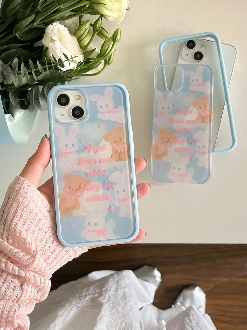 Cartoon Cute Rabbit Bear Pink Bowknot 2 In1 Custodia Protettiva Antiurto Opaca Per Iphone 15 14 13 12 Pro Max