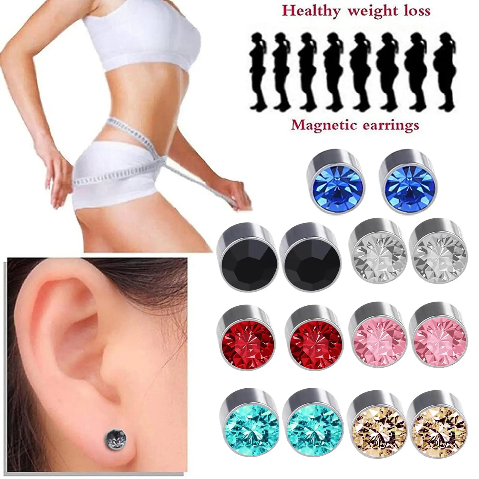 Slimming Detox Magnetic Ear Studs Men Women Stud Earrings Round Magnet Crystal Stone Earring No Ear Hole Nails