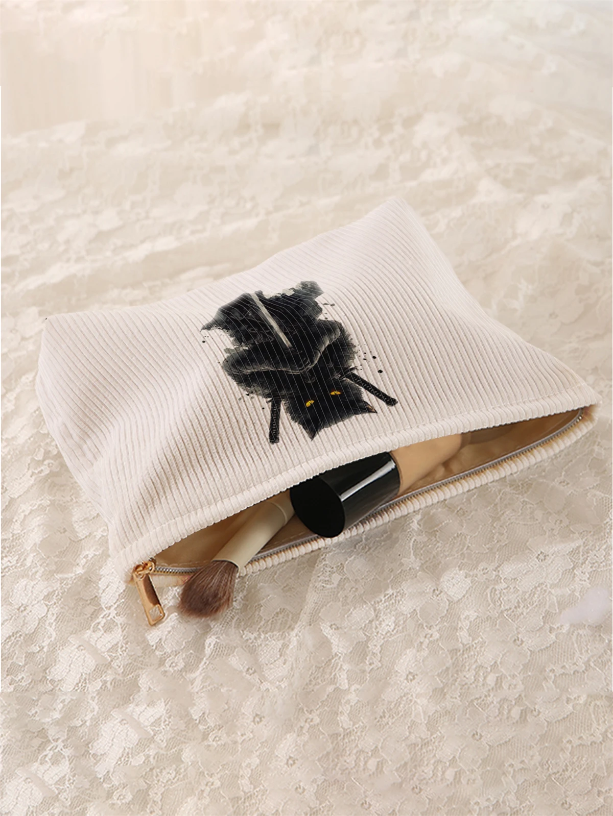 1pc cat pattern printed corduroy makeup bag, lightweight zipper makeup storage box, multifunctional bag with lining