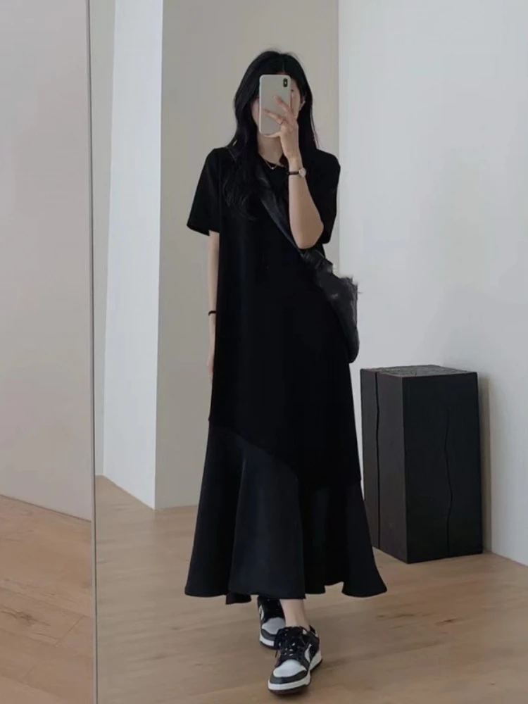 

Women's Long Dress Summer Robe Commuting Korean Edition Loose Fashionable Lotus Leaf Hem Elegant Fish Tail Small Black Dress