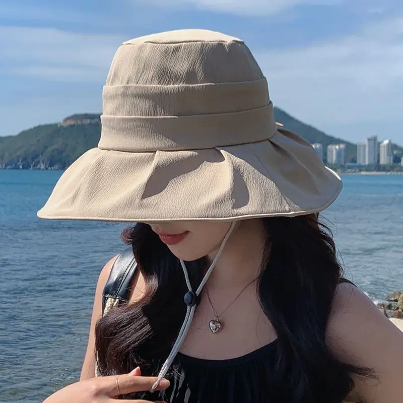 

New Summer Women Bucket Hat Pleat Design10cm Big Brim Sun Hat Adjustable Breathable Mesh Beach Cap UV Protection Climbing Panama