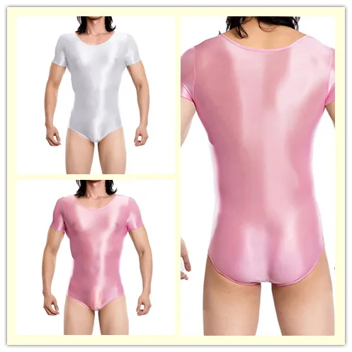 Swimwear Mens Lingerie Tights Bodysuit Swimsuit Shiny Oil Glossy Translucent Bulge Crotch High Cut Bodycon Leotard Jumpsuit