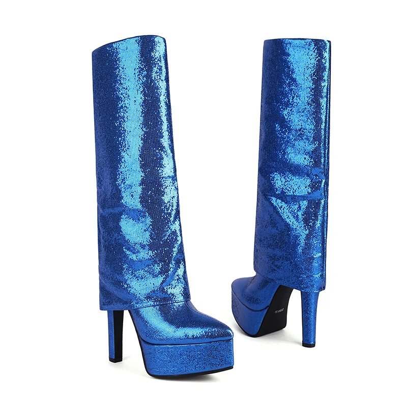 Kcenid Bling Bling Long Women Boots 2023 Winter Platform Blue High Heels Thick Bottom Slip On The Knee High Boots Woman Shoes