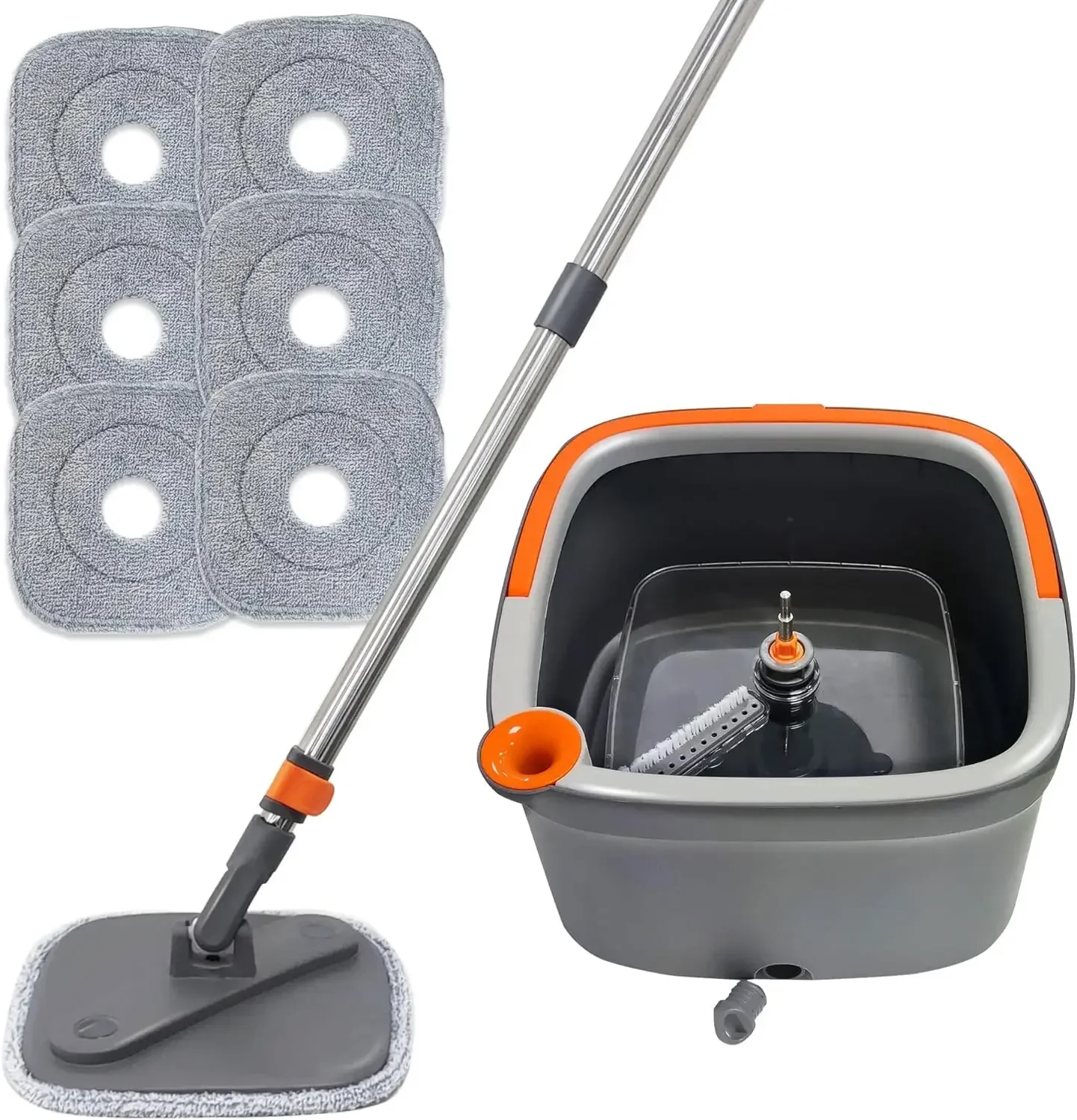 KZKR Spin Square Mop and Bucket Set M16 with 6 microfibra Replaceable Mop Pads with Self Separation Dirty and Clean