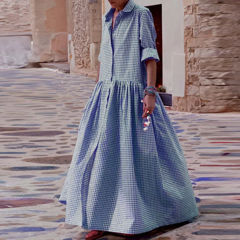 

Retro Plaid Print Swing Boho Maxi Dress Women Spring Lapel Neck Button Long Shirt Dress New Autumn Long Sleeve Loose Party Dress