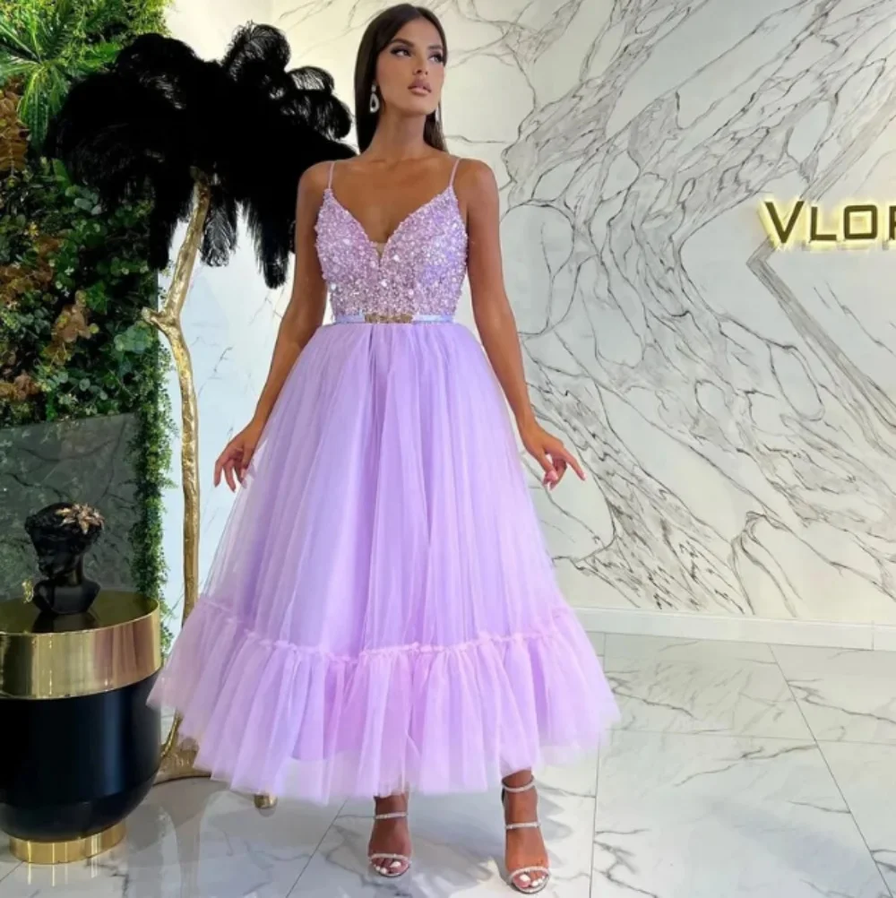 

Modern Sexy Spaghetti Strap Prom Dress Shiny Sequins Tulle A-Line Ankle-Length Cocktail dress Plus Size 2024 Wedding Party dress