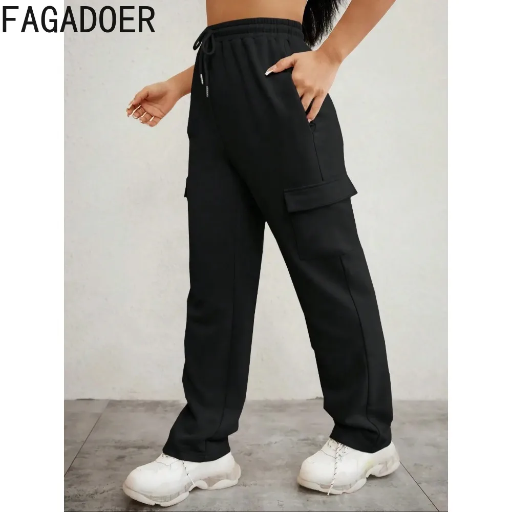 FAGADOER Autumn Casual Solid Color Pocket Jogger Pants Women High Waisted Drawstring Sweatpants Female Sporty Trousers Bottoms