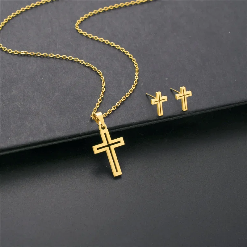 Jewelry Sets Jewelry Set Stainless Steel Heart Cross Pendant Charm Necklace & Earrings Hollow Chian Choker Jewelry Set For Women