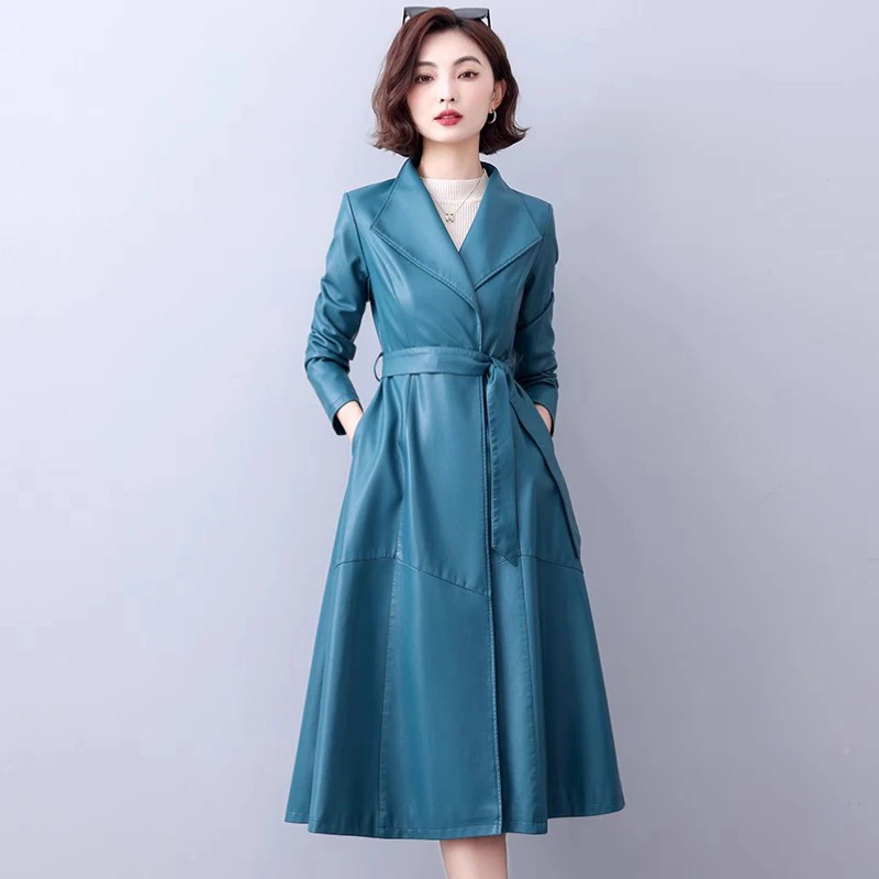 

New Women Long Leather Coat Spring Autumn Fashion Elegant Lace-up Slim A-Line Split Leather Trench Coat Casual Sheepskin Coat