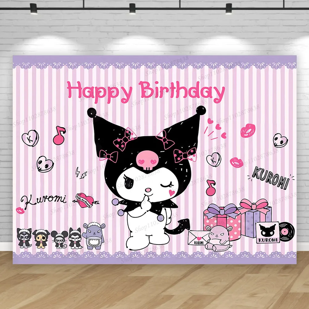 Fondo con temática de Kuromi, Hello Kitty, niña, fiesta de primer cumpleaños, baby shower, fondo para fotografía, estudio fotográfico, pancarta decorativa